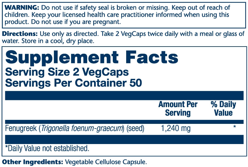 Solaray Fenugreek Seed 1240 mg, Healthy Digestion Support and More, Vegan and Lab Verified for Quality, 50 Servings, 100 VegCaps