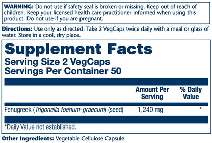 Solaray Fenugreek Seed 1240 mg, Healthy Digestion Support and More, Vegan and Lab Verified for Quality, 50 Servings, 100 VegCaps