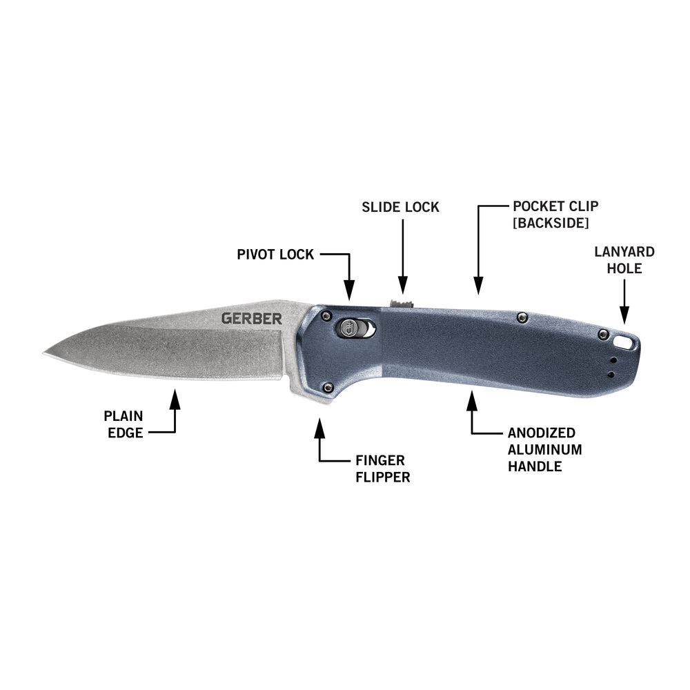 Gerber Gear Highbrow Plain Edge Drop Point Assited Opening Knife, Urban Blue [31-003673]
