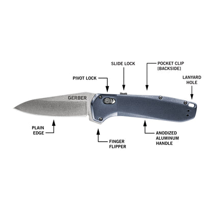 Gerber Gear Highbrow Plain Edge Drop Point Assited Opening Knife, Urban Blue [31-003673]