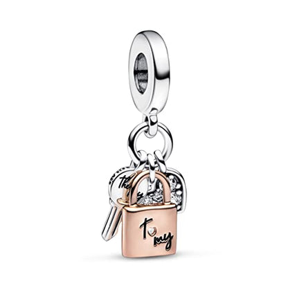PANDORA Two-tone Key, Padlock & Heart Triple Dangle Charm 782506C01, With Gift Box