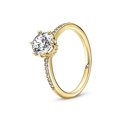 PANDORA Jewelry Clear Sparkling Crown Solitaire Ring - 14k Gold-Plated with Cubic Zirconia - Size 7, With Gift Box