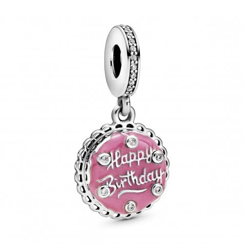 PANDORA Jewelry Pink Birthday Cake Dangle Charm - Necklace or Bracelet Charm for Women - Sterling Silver with Cubic Zirconia and Pink Enamel, With Gift Box