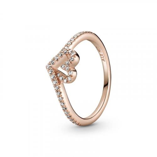 PANDORA Jewelry Sparkling Wishbone Heart Ring for Women - 14k Rose Gold-Plated with Cubic Zirconia - Size 7, With Gift Box