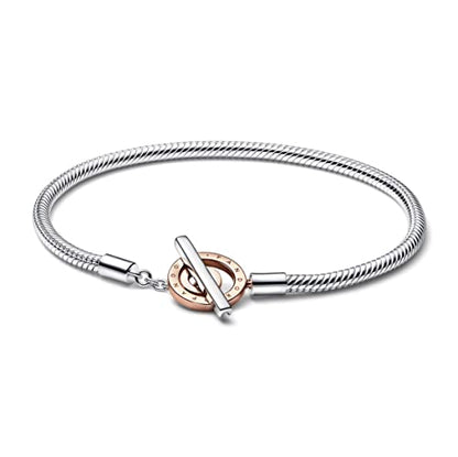 PANDORA Signature Two-tone Logo T-Bar Snake Chain Bracelet, 7.48", With Gift Box
