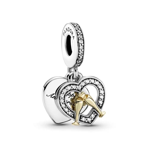 PANDORA Jewelry Two-tone Happy Anniversary Dangle Charm - Necklace or Bracelet Heart Charm for Women - The Perfect Gift for Her - Sterling Silver and 14k Gold-Plated with Cubic Zirconia, With Gift Box