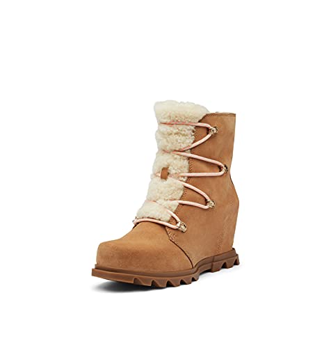 SOREL Women's Joan of Arctic Wedge III Lace Cozy Boot ‚Äî Tawny Buff, Gum 2 ‚Äî Waterproof Suede Wedge Boots ‚Äî Size 7.5