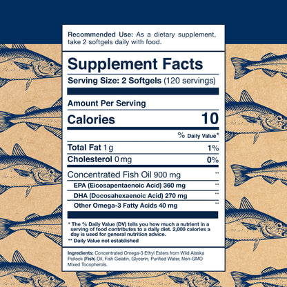 Wild Alaskan Omega-3 Fish Oil - Easy Swallow Minis 2X Double Strength 630mg EPA + DHA Natural Supplement 240 Mini Softgels