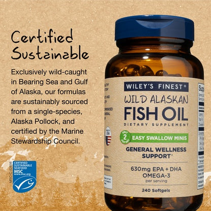 Wild Alaskan Omega-3 Fish Oil - Easy Swallow Minis 2X Double Strength 630mg EPA + DHA Natural Supplement 240 Mini Softgels