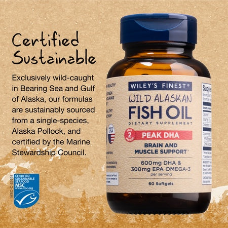 Wiley's Finest Wild Alaskan Fish Oil - Peak DHA, 900mg EPA + DHA Omega-3s, SQF-Certified, 60 Softgels