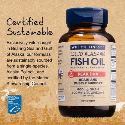 Wiley's Finest Wild Alaskan Fish Oil - Peak DHA, 900mg EPA + DHA Omega-3s, SQF-Certified, 60 Softgels