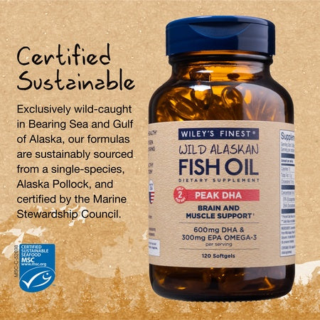 Wiley's Finest Wild Alaskan Fish Oil - Peak DHA, 900mg EPA + DHA Omega-3s, SQF-Certified, 120 Softgels