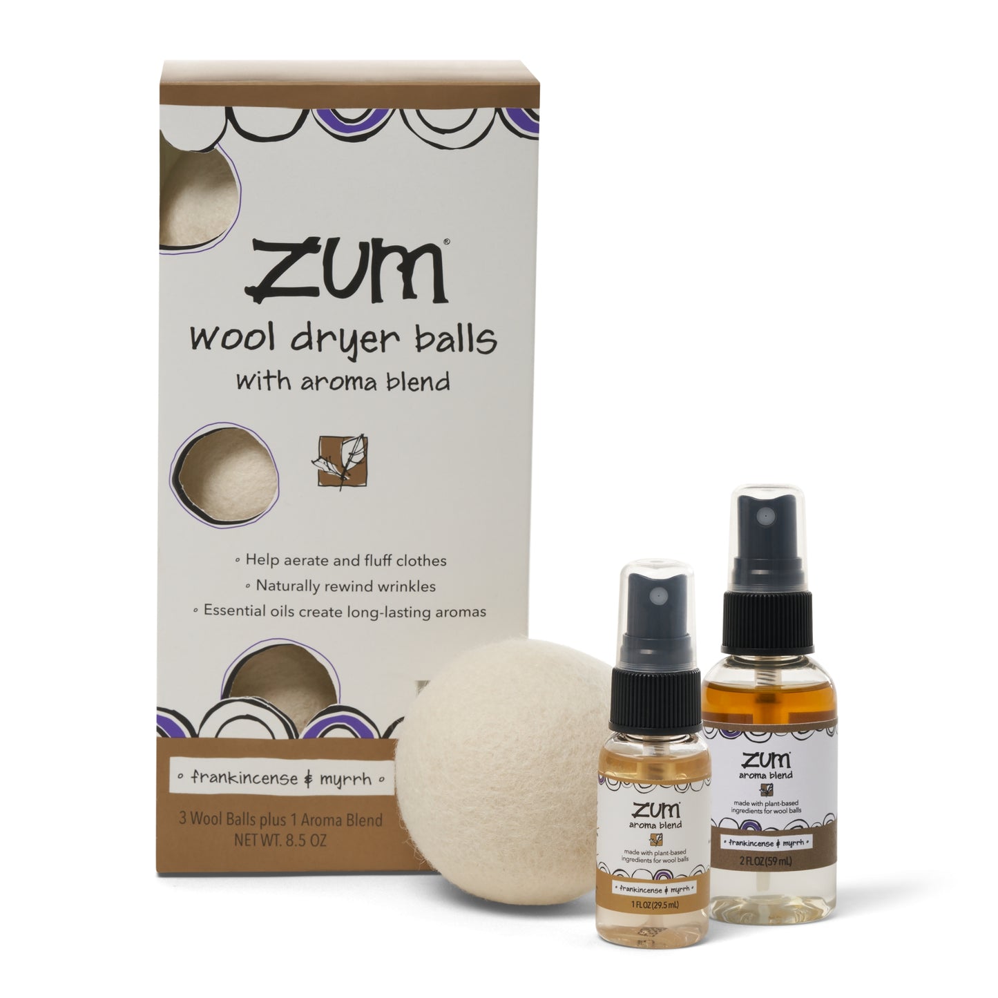 Zum Clean Frankincense & Myrrh Wool Dryer Balls Kit with Aroma Blend (3 Pack)