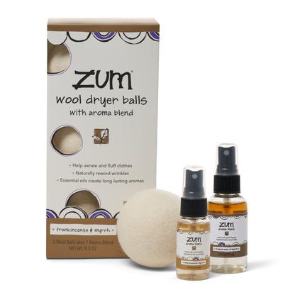 Zum Clean Frankincense & Myrrh Wool Dryer Balls Kit with Aroma Blend (3 Pack)