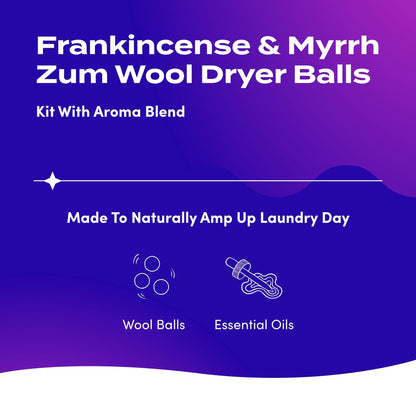 Zum Clean Frankincense & Myrrh Wool Dryer Balls Kit with Aroma Blend (3 Pack)