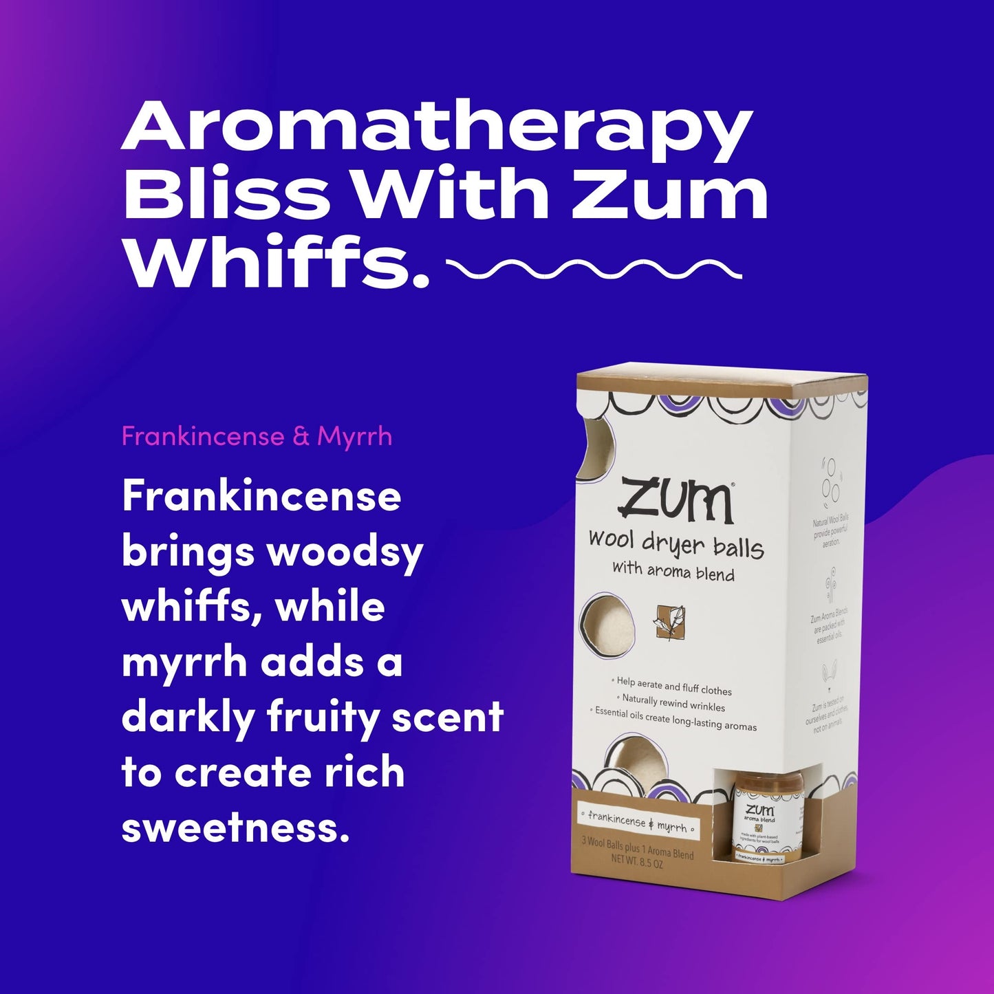 Zum Clean Frankincense & Myrrh Wool Dryer Balls Kit with Aroma Blend (3 Pack)