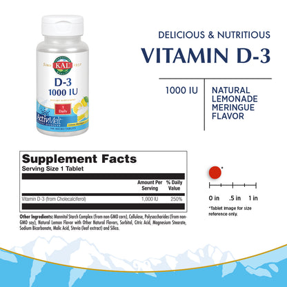 KAL Vitamin D-3 1000 IU | Natural Lemon Flavor ActivMelt Micro Tablets | Healthy Immune Function & Bone Support | 100ct