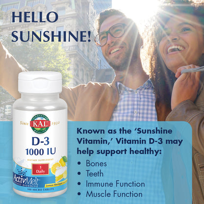 KAL Vitamin D-3 1000 IU | Natural Lemon Flavor ActivMelt Micro Tablets | Healthy Immune Function & Bone Support | 100ct
