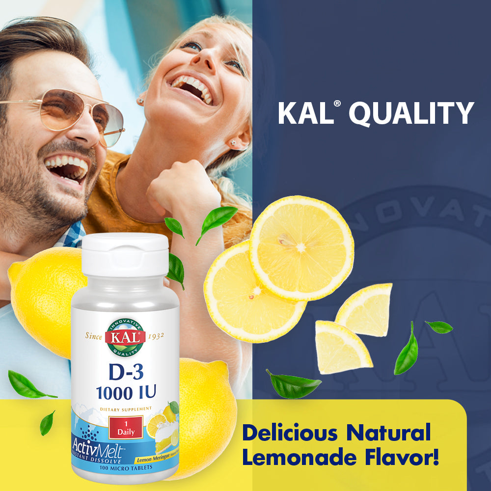 KAL Vitamin D-3 1000 IU | Natural Lemon Flavor ActivMelt Micro Tablets | Healthy Immune Function & Bone Support | 100ct