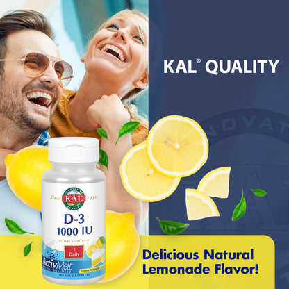 KAL Vitamin D-3 1000 IU | Natural Lemon Flavor ActivMelt Micro Tablets | Healthy Immune Function & Bone Support | 100ct