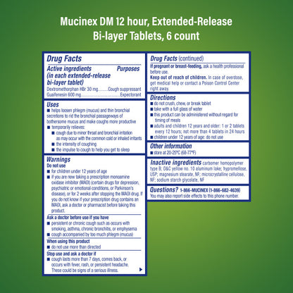Mucinex DM 12-Hour Expectorant and Cough Suppressant Tablets, 6 ct (Pack of 24)