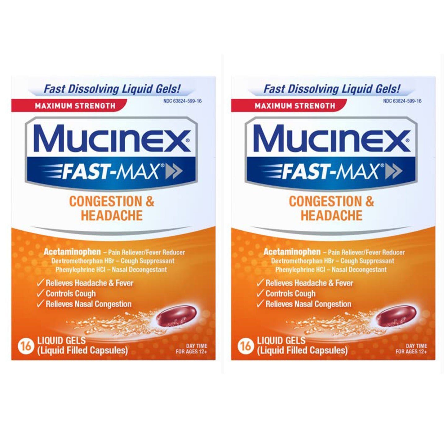 Mucinex Fast-Max Max Strength, Congestion & Headache Liquid Gels, 16ct (Pack of 2)
