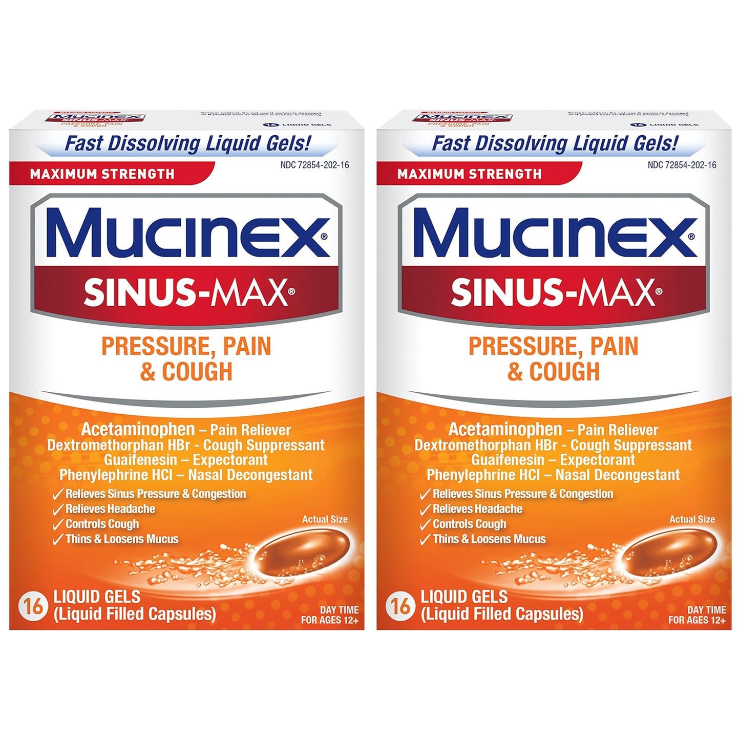 Mucinex Sinus-Max Max Strength Pressure, Pain & Cough Liquid Gels, 16ct (Pack of 2)