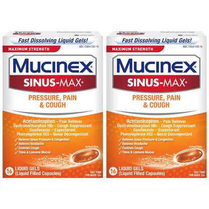 Mucinex Sinus-Max Max Strength Pressure, Pain & Cough Liquid Gels, 16ct (Pack of 2)