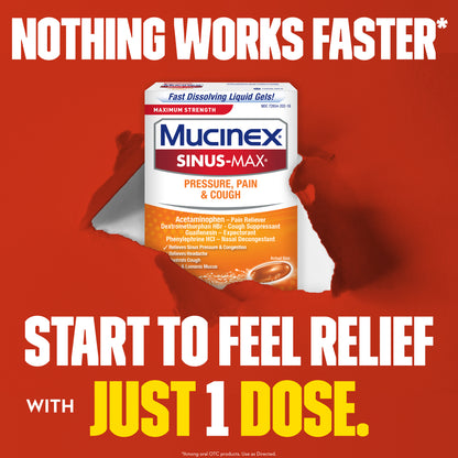 Mucinex Sinus-Max Max Strength Pressure, Pain & Cough Liquid Gels, 16ct (Pack of 2)