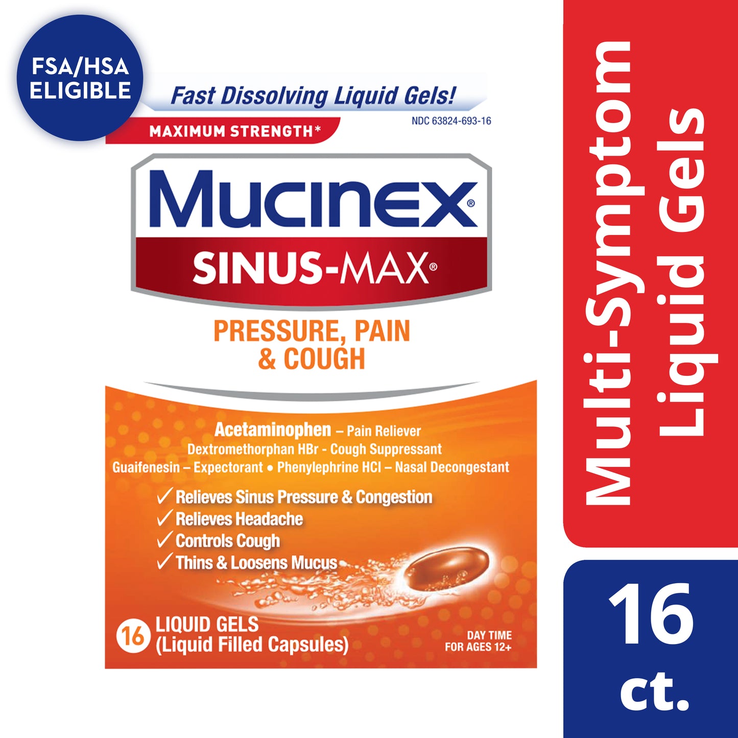 Mucinex Sinus-Max Max Strength Pressure, Pain & Cough Liquid Gels, 16ct (Pack of 2)