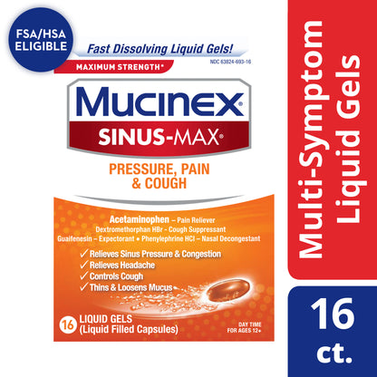 Mucinex Sinus-Max Max Strength Pressure, Pain & Cough Liquid Gels, 16ct (Pack of 2)