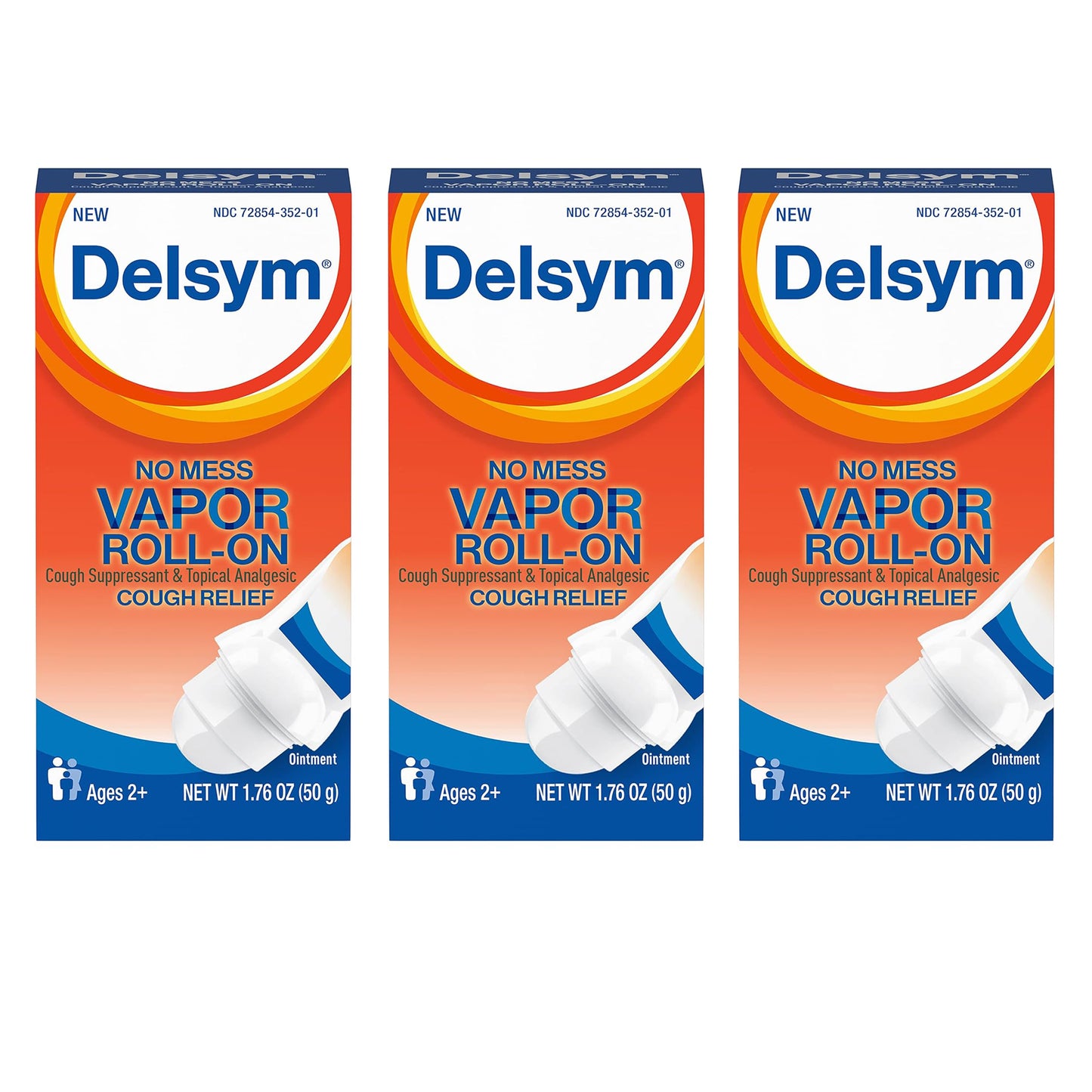 Delsym No Mess Vapor Roll-On Cough Suppressant & Topical Analgesic with Camphor, Eucalyptus Oil, Menthol, Adults & Kids, Maximum Strength, 1.76 Oz (Pack of 3)