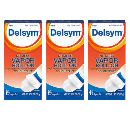 Delsym No Mess Vapor Roll-On Cough Suppressant & Topical Analgesic with Camphor, Eucalyptus Oil, Menthol, Adults & Kids, Maximum Strength, 1.76 Oz (Pack of 3)