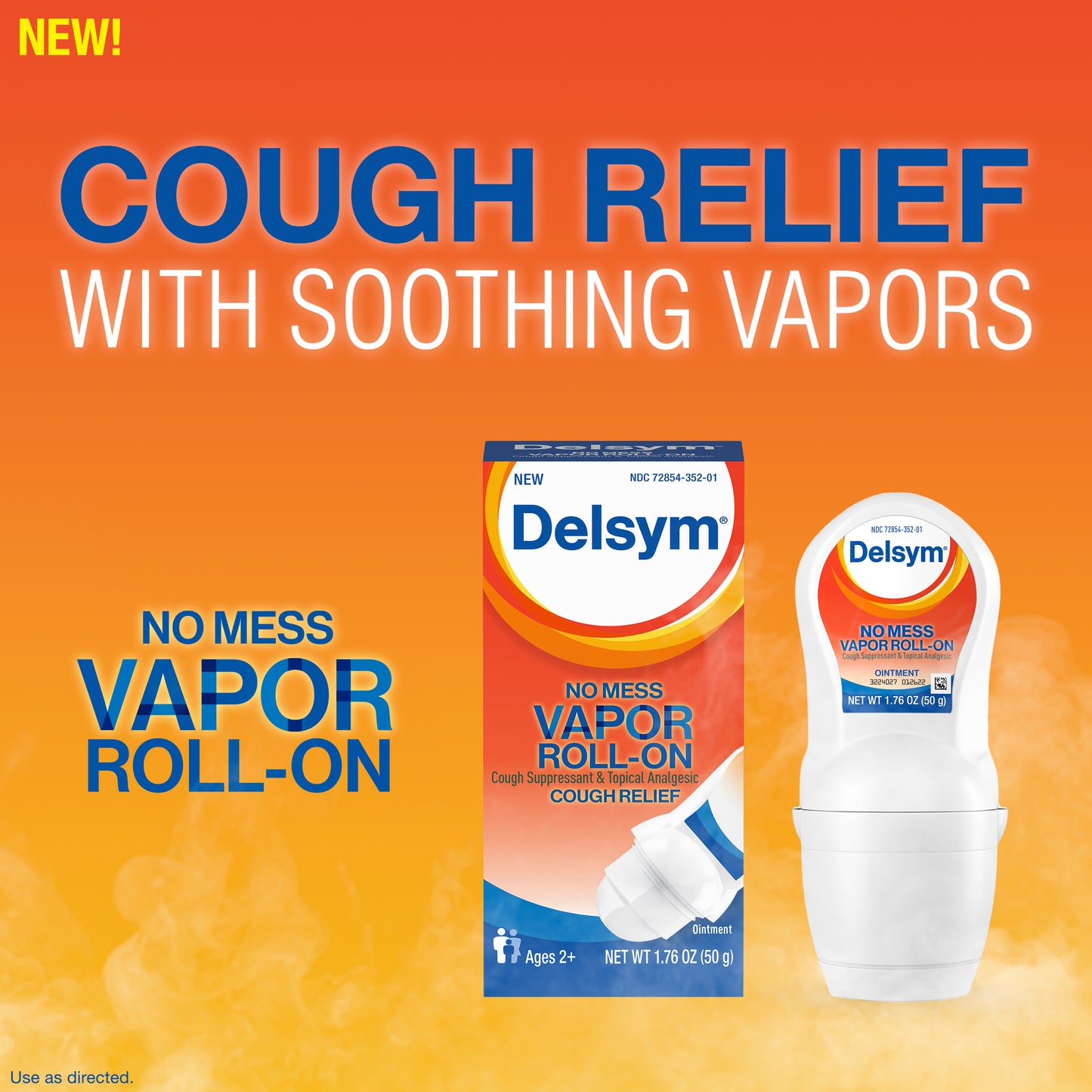 Delsym No Mess Vapor Roll-On Cough Suppressant & Topical Analgesic with Camphor, Eucalyptus Oil, Menthol, Adults & Kids, Maximum Strength, 1.76 Oz (Pack of 3)