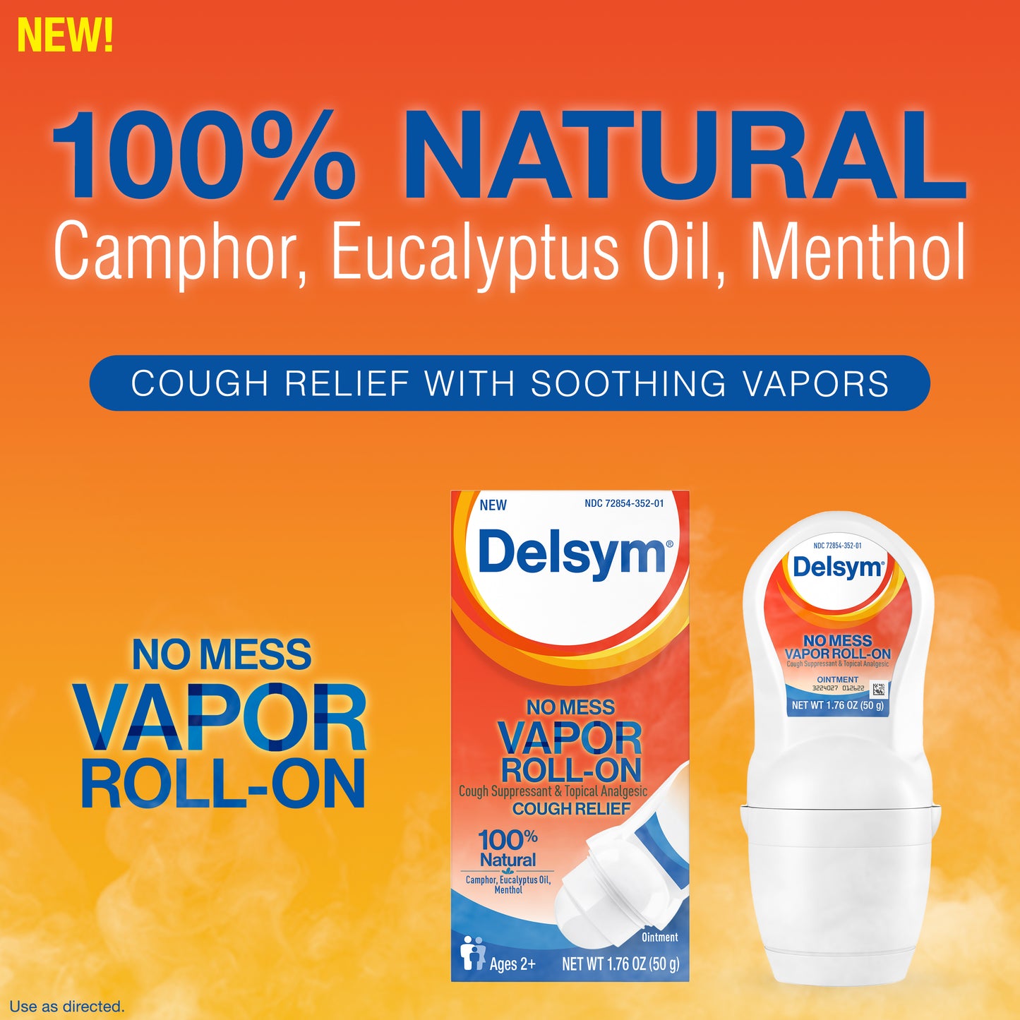 Delsym No Mess Vapor Roll-On Cough Suppressant & Topical Analgesic with Camphor, Eucalyptus Oil, Menthol, Adults & Kids, Maximum Strength, 1.76 Oz (Pack of 3)