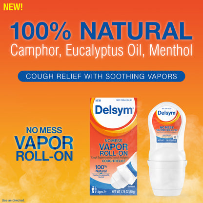 Delsym No Mess Vapor Roll-On Cough Suppressant & Topical Analgesic with Camphor, Eucalyptus Oil, Menthol, Adults & Kids, Maximum Strength, 1.76 Oz (Pack of 3)