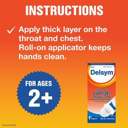 Delsym No Mess Vapor Roll-On Cough Suppressant & Topical Analgesic with Camphor, Eucalyptus Oil, Menthol, Adults & Kids, Maximum Strength, 1.76 Oz (Pack of 3)