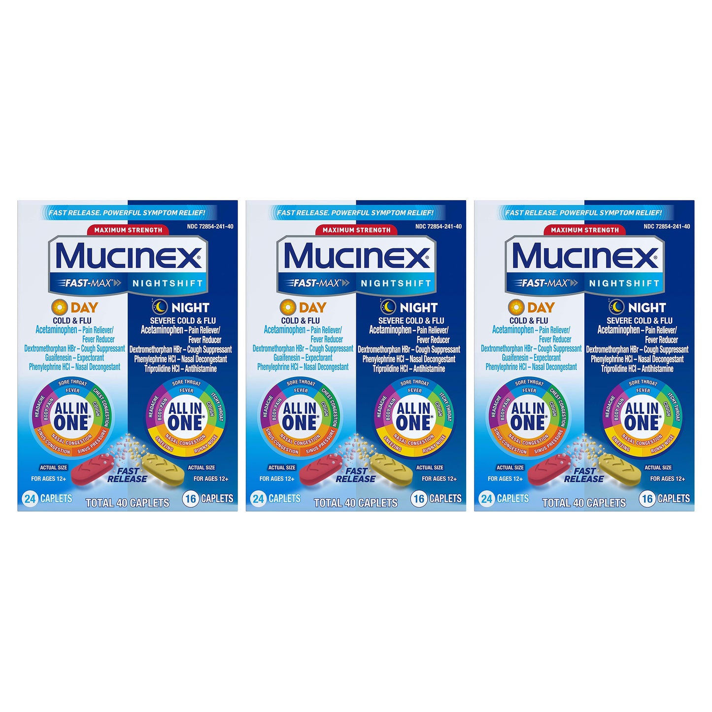 Mucinex Maximum Strength Fast-Max Day Cold & Flu & Nightshift Night Severe Cold & Flu All in One, Fast Release, Powerful Multi-Symptom Relief, 40 caplets (24 Day time + 16 Night time) (Pack of 3)