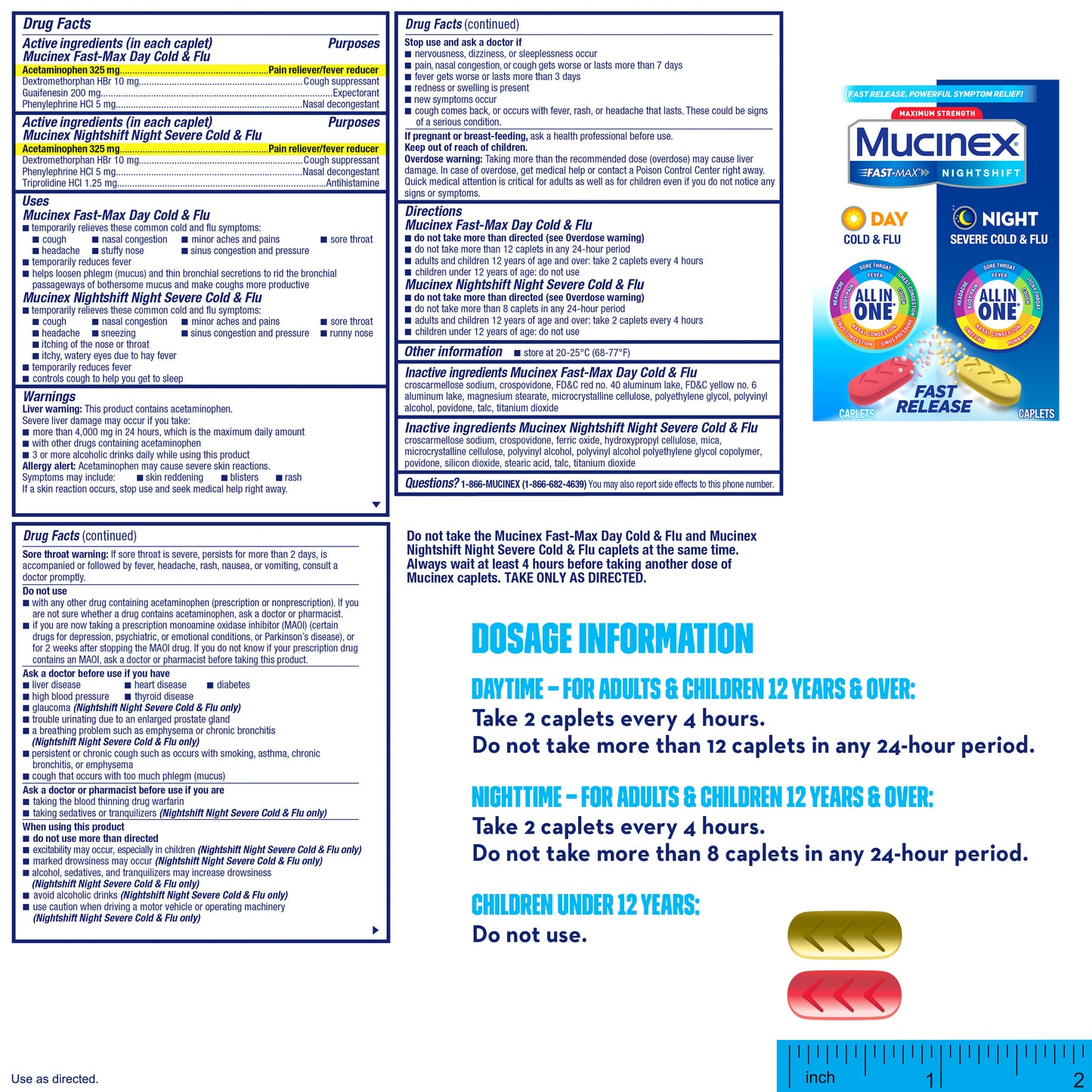 Mucinex Maximum Strength Fast-Max Day Cold & Flu & Nightshift Night Severe Cold & Flu All in One, Fast Release, Powerful Multi-Symptom Relief, 40 caplets (24 Day time + 16 Night time) (Pack of 3)
