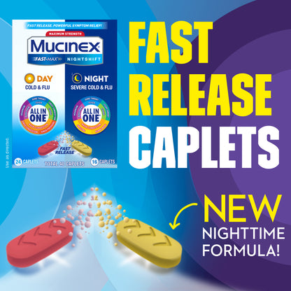 Mucinex Maximum Strength Fast-Max Day Cold & Flu & Nightshift Night Severe Cold & Flu All in One, Fast Release, Powerful Multi-Symptom Relief, 40 caplets (24 Day time + 16 Night time) (Pack of 3)