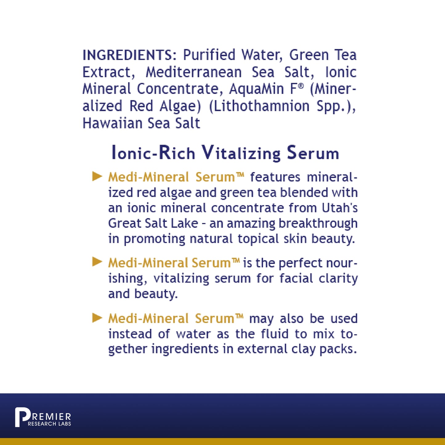 Premier Research Premier Medi-Mineral Serum, Vitalizing Serum for Facial Clarity and Beauty, Ionic Mineral Serum with Mineralized Red Algae and Green Tea, 8 Fl Oz (235 ml)