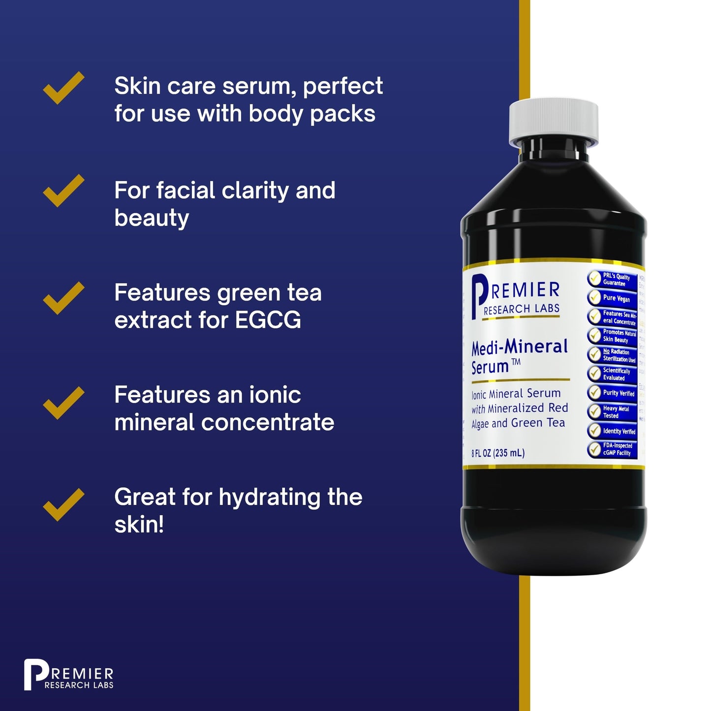 Premier Research Premier Medi-Mineral Serum, Vitalizing Serum for Facial Clarity and Beauty, Ionic Mineral Serum with Mineralized Red Algae and Green Tea, 8 Fl Oz (235 ml)