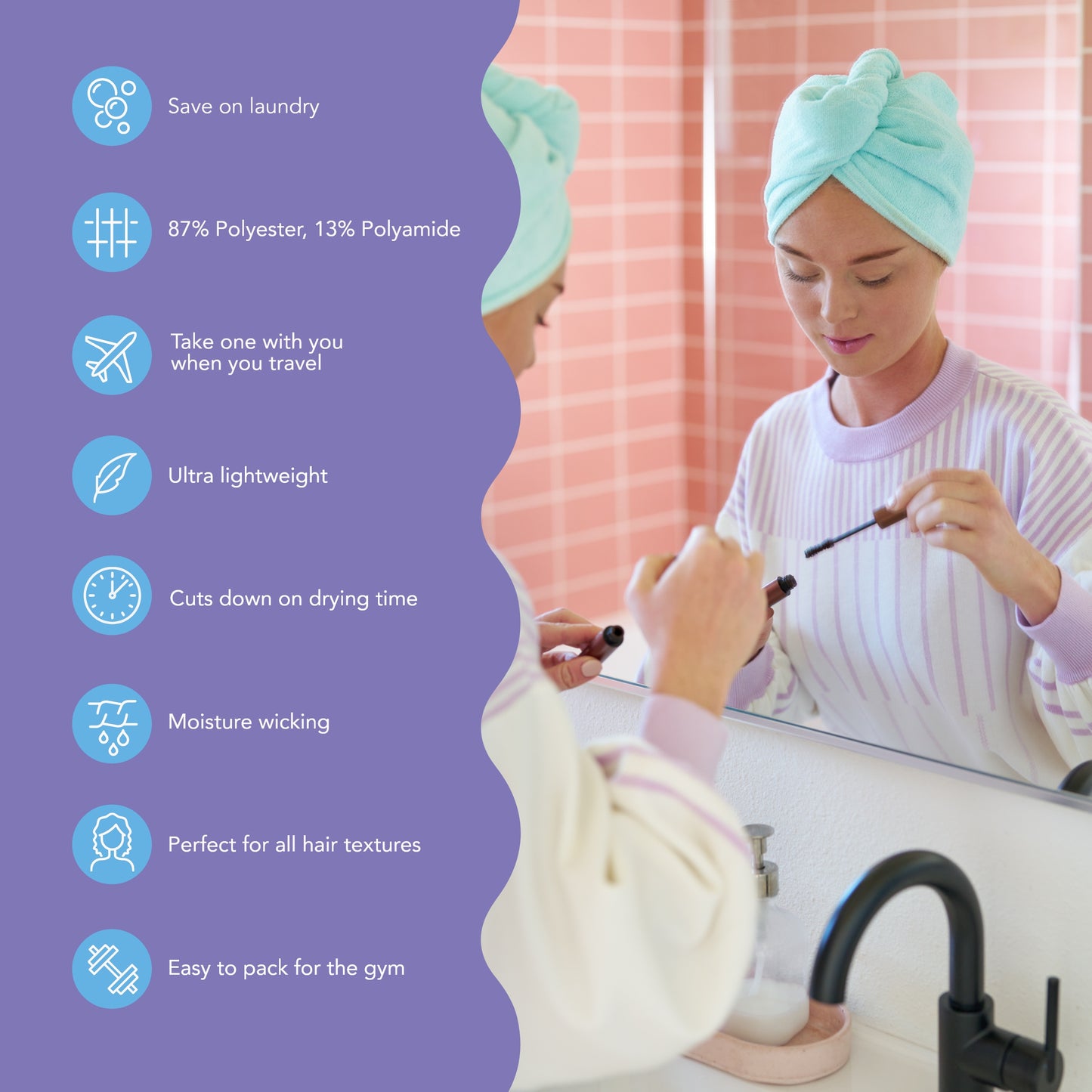 Turbie Twist Microfiber Hair Towel Wrap for Women and Men | 4 Pack | Quick Dry Turban for Drying Curly, Long & Thick Hair (Pink, Purple, Blue, Aqua)