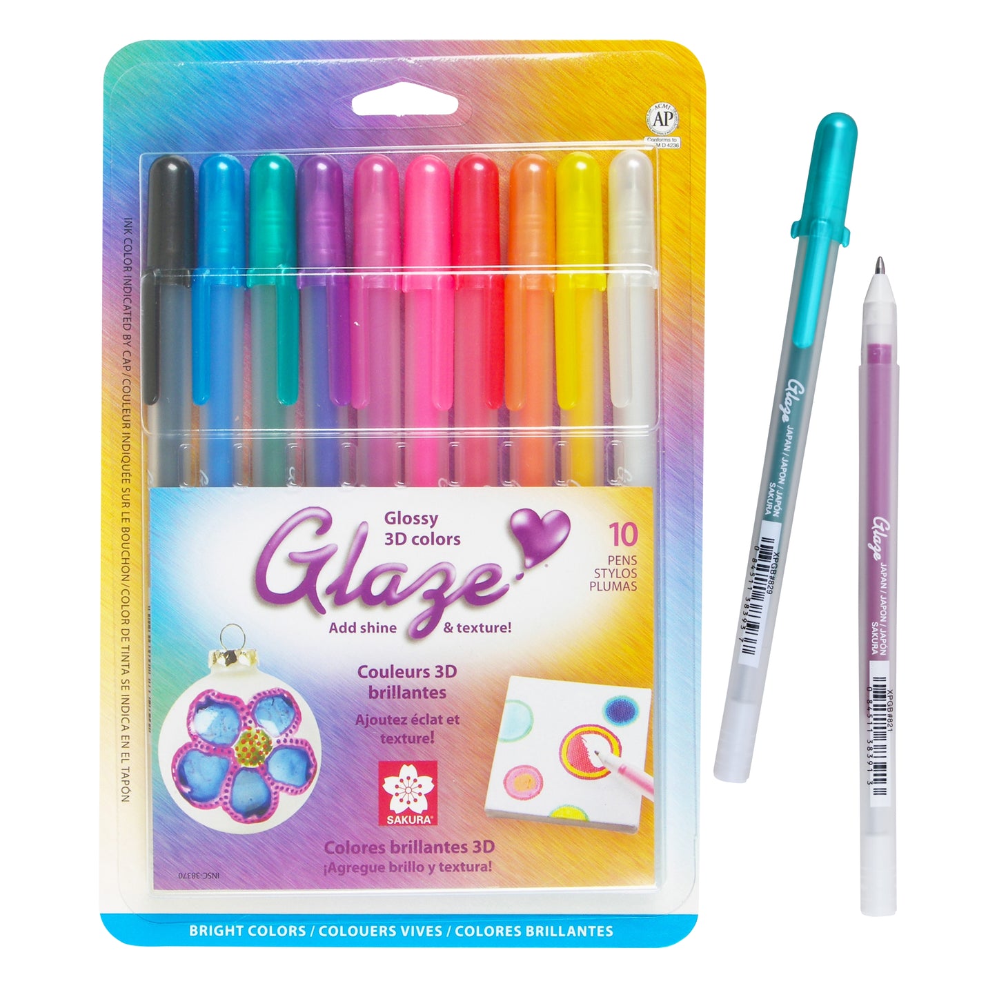 Sakura 38370 10-Piece Blister Card Glaze Assorted Color 3-Dimensional Glossy Ink Pen Set, Bright