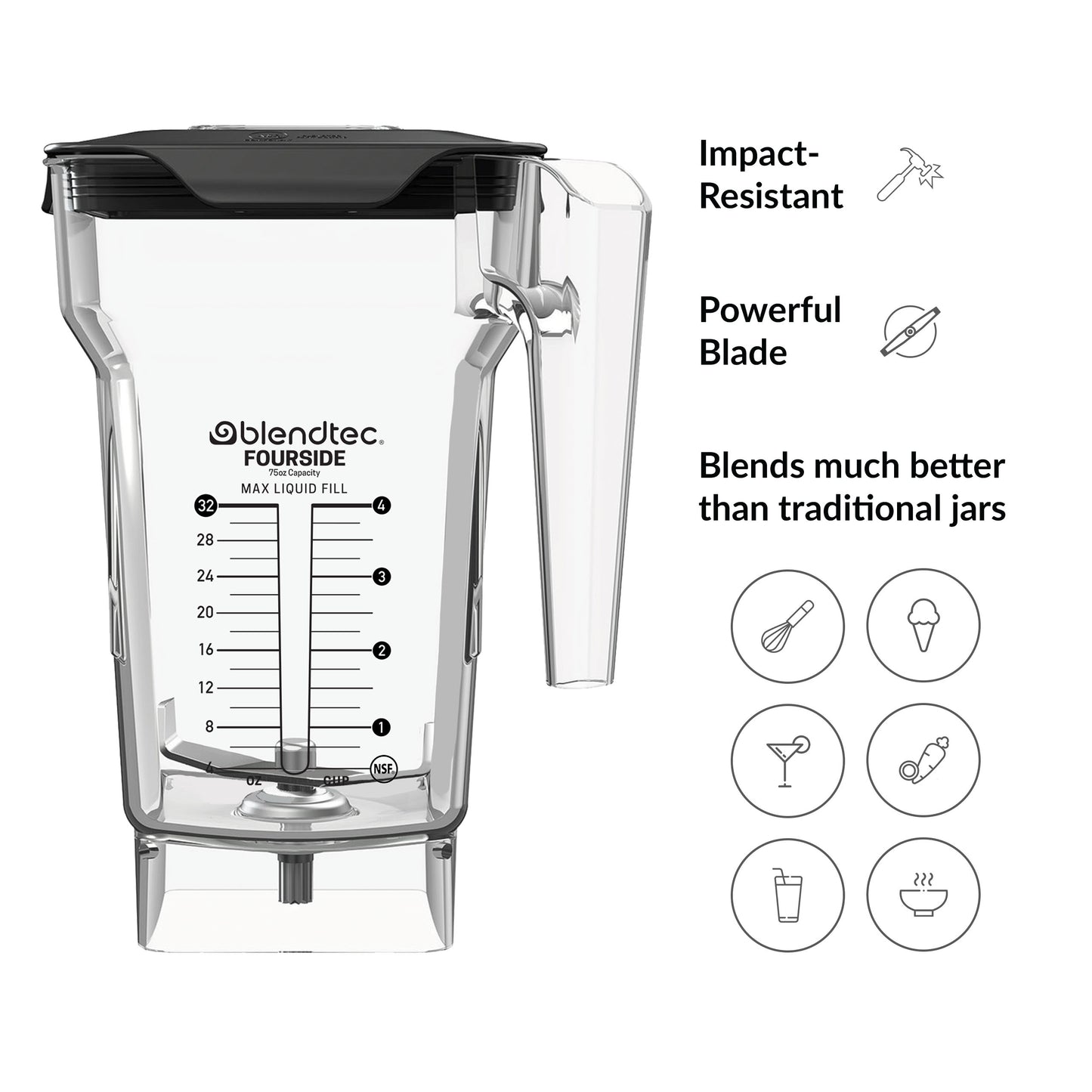 Blendtec FourSide Jar (75 oz) - Blender Jar, Commercial Grade, Soft Lid, BPA Free, Clear