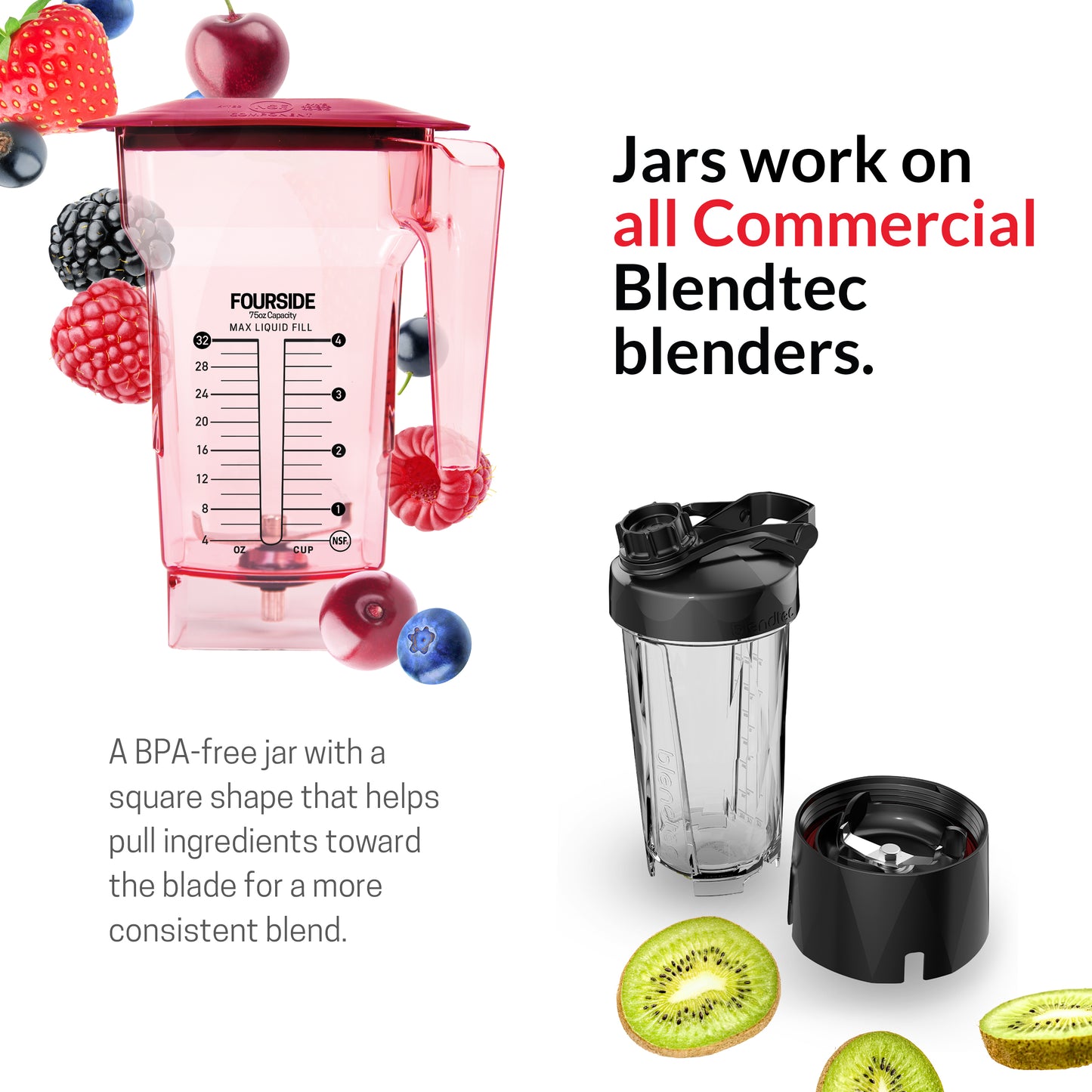 Blendtec FourSide Jar (75 oz), Blender Jar, Commercial Grade, Hard Lid, BPA-Free, Red