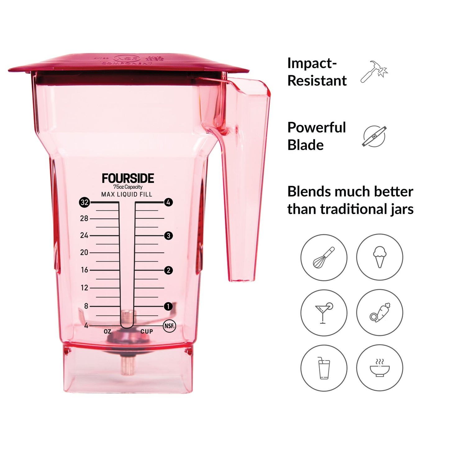 Blendtec FourSide Jar (75 oz), Blender Jar, Commercial Grade, Hard Lid, BPA-Free, Red