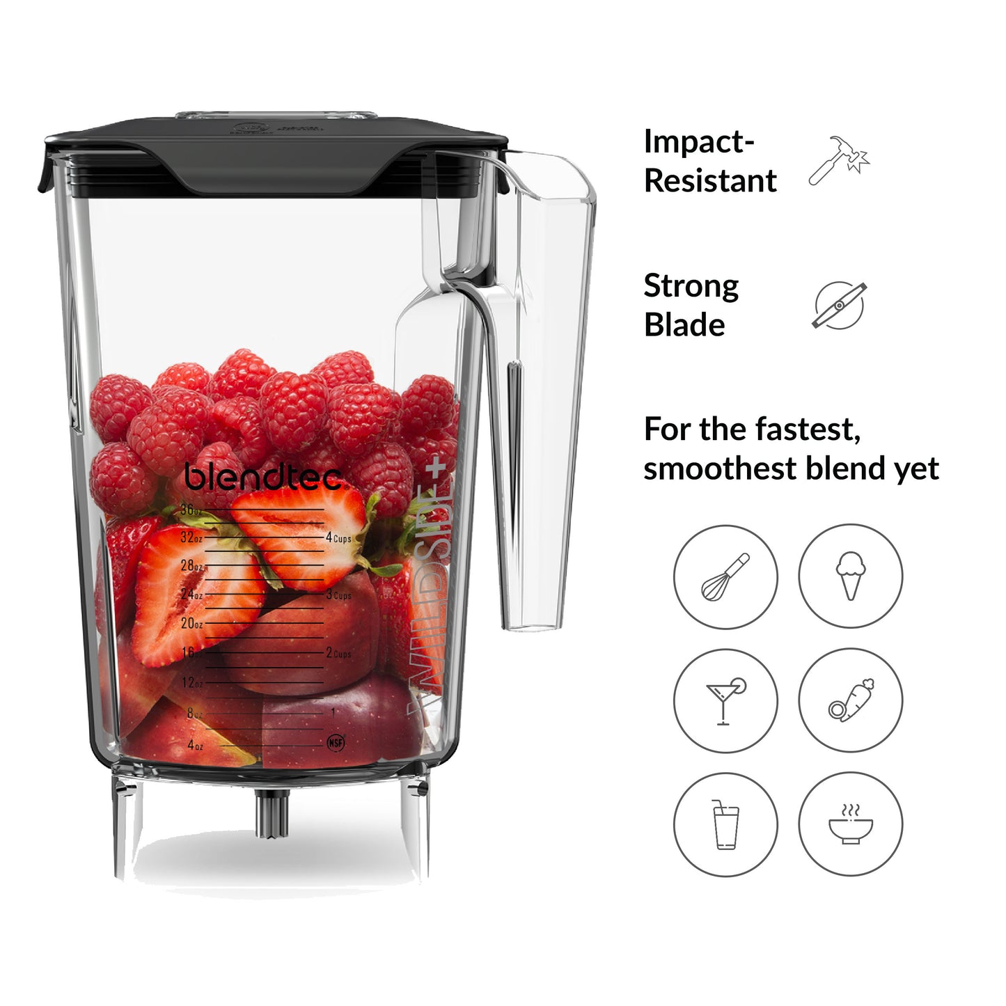 Blendtec WildSide (90 oz volume/36 oz Wet/Dry Fillable) -Five Sided-Professional-Grade Blender Jar-Vented Latching Lid-BPA-free-Clear, 90 fl ounces