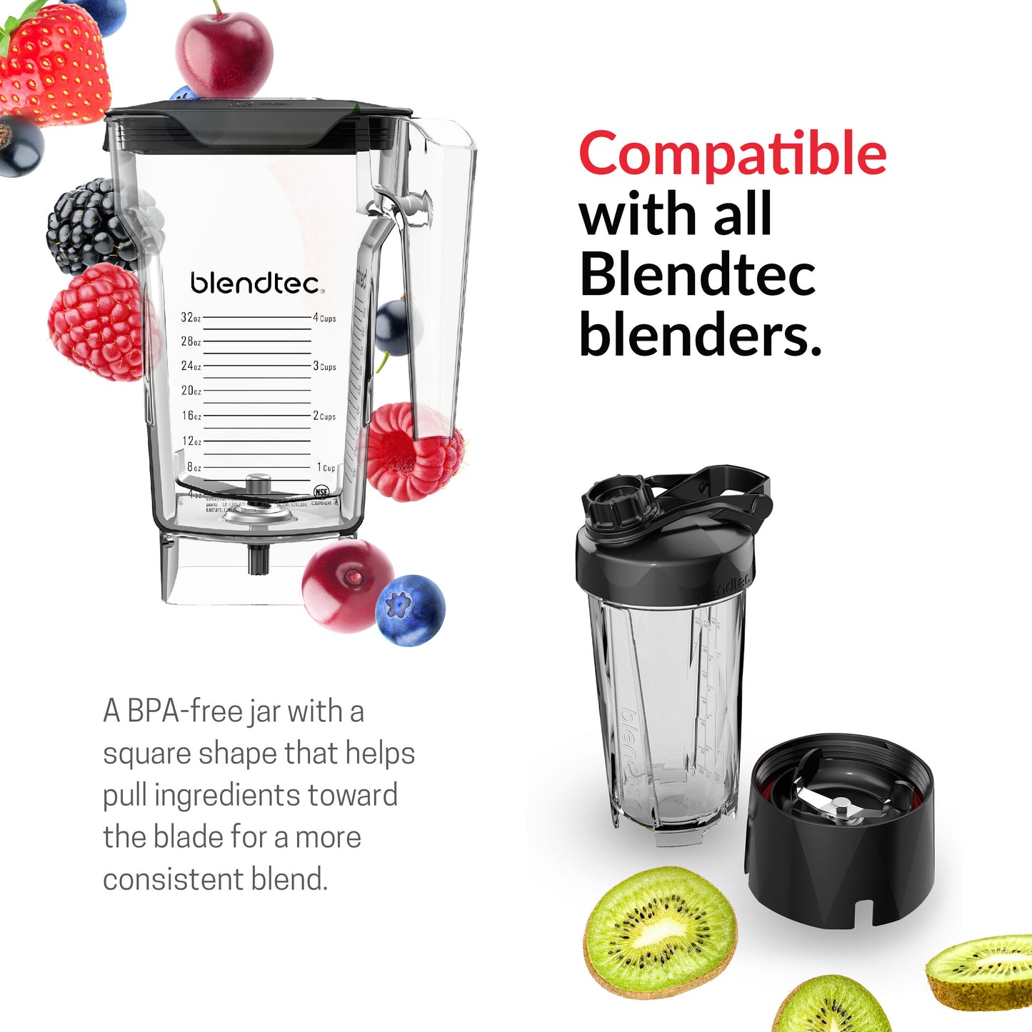 Blendtec FourSide (75 oz) GO Travel Bottle (34 oz) BUNDLE-Professional-Grade Blender Jar-BPA-free-Clear