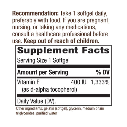 Nature's Way Vitamin E 400 IU, D-Alpha Tocopherol, Powerful Antioxidant, Helps Protect Against Free Radicals, 100 Softgels